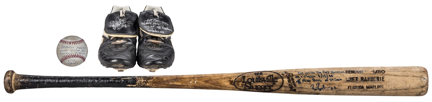 Lot of (3) Bret Barberie Game Used, Signed & Inscribed Baseball, Bat & Cleats Used For Marlins 1st Franchise Inside the Park Home Run (Barberie LOA, PSA/DNA GU 10, JT Sports & JSA)